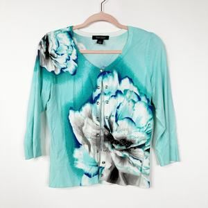 White House Black Market Floral Snap Cardigan Sweater Teal Small